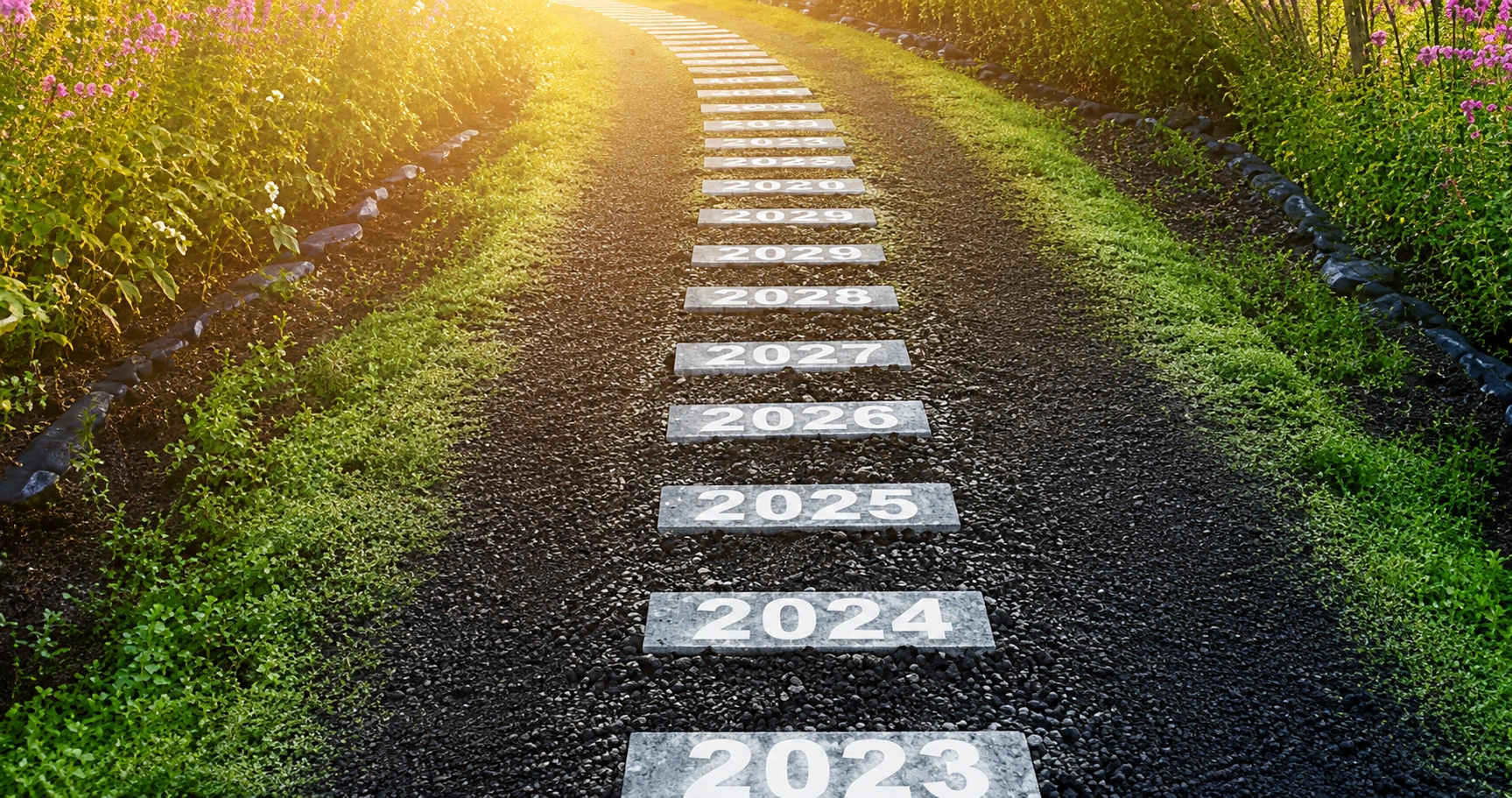 Stepping-stone path marked with years leading forward